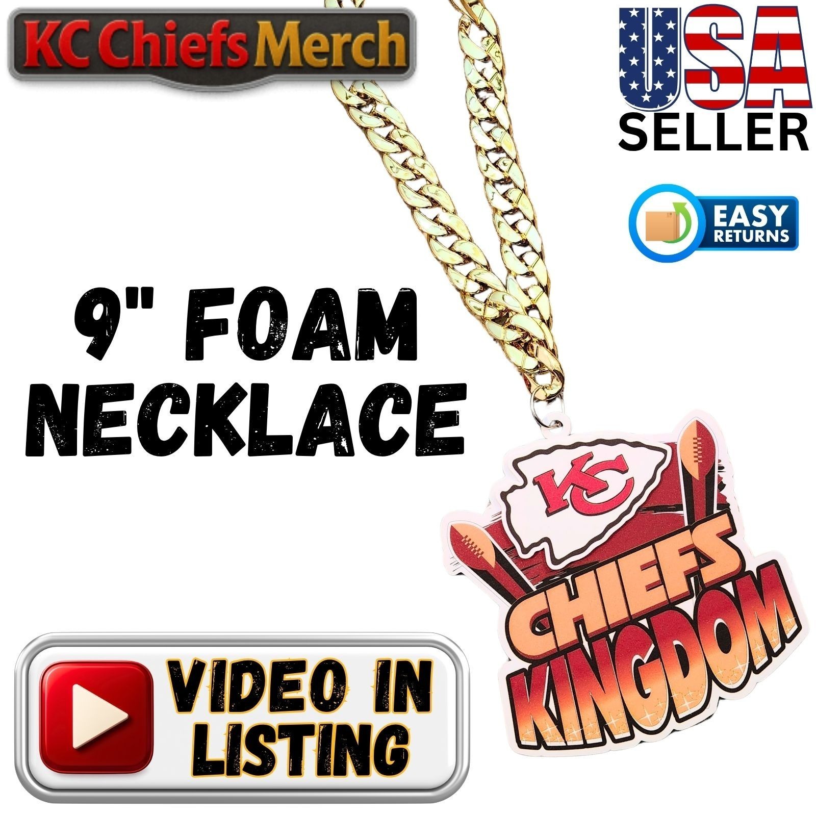 KC Chiefs Kingdom Foam Necklace with Lay Flat Gold Chain, NEW DESIGN!