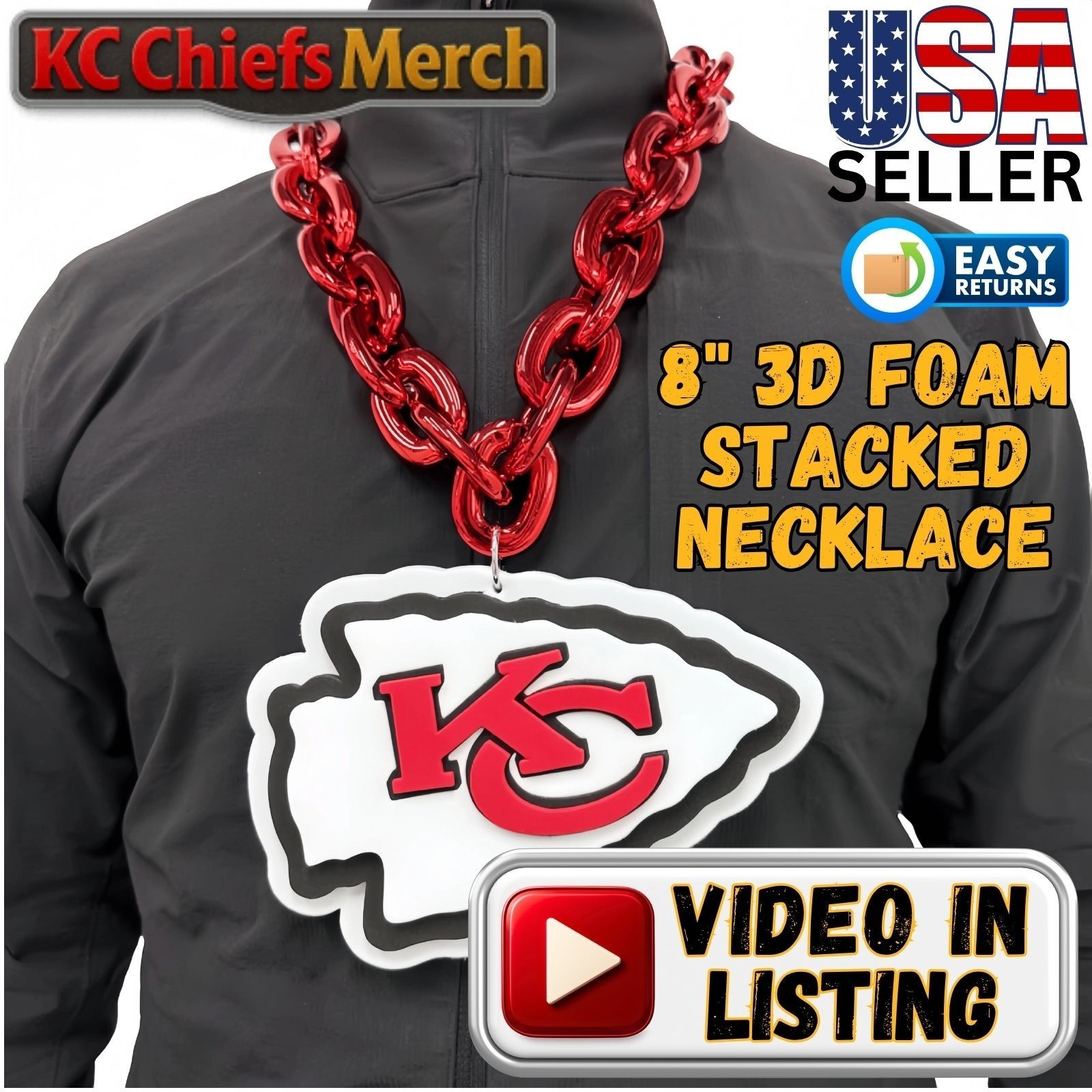 KC Chiefs 3D Foam Necklace, Red Chain